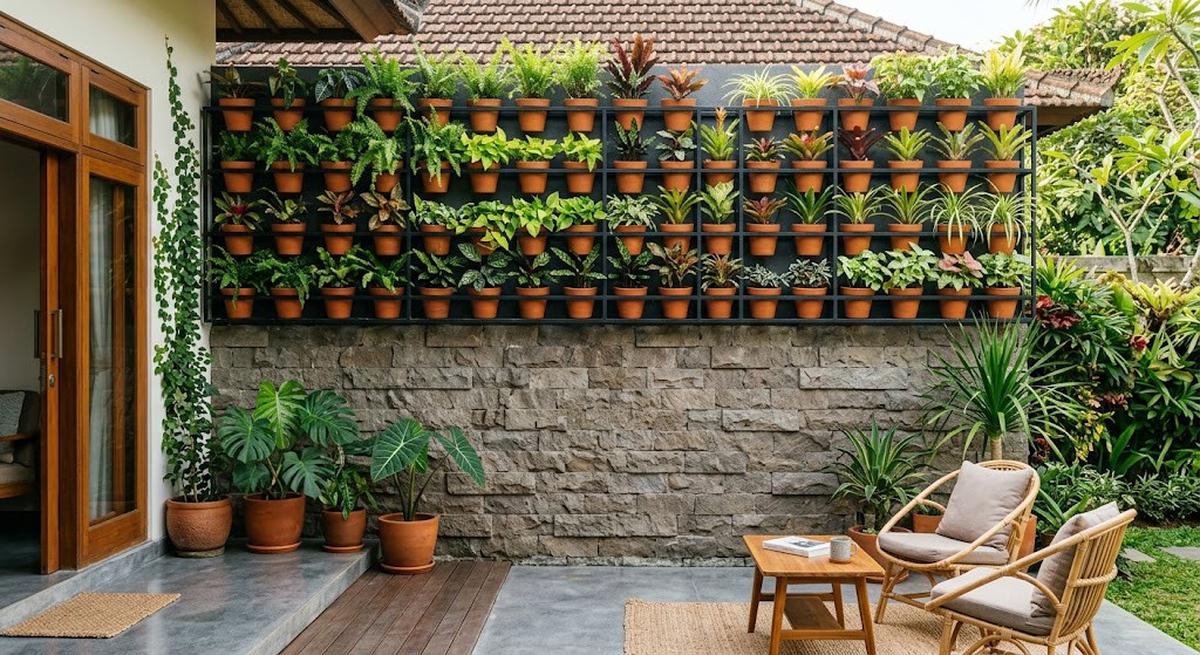 Model dinding belakang rumah dengan kombinasi batu alam dan tanaman model dinding batu alam dengan taman vertikal