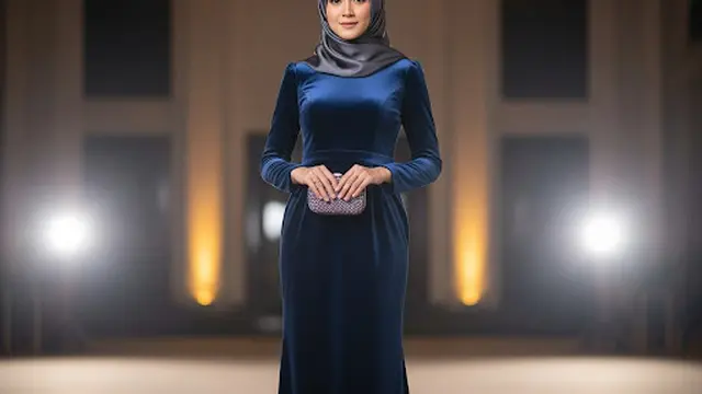 Dress Velvet Navy Blue dengan Potongan H-Line