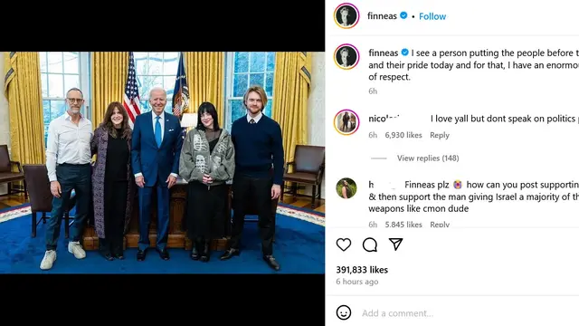 Finneas, Billie Eilish, dan Presiden AS Joe Biden. (Instagram/ finneas)