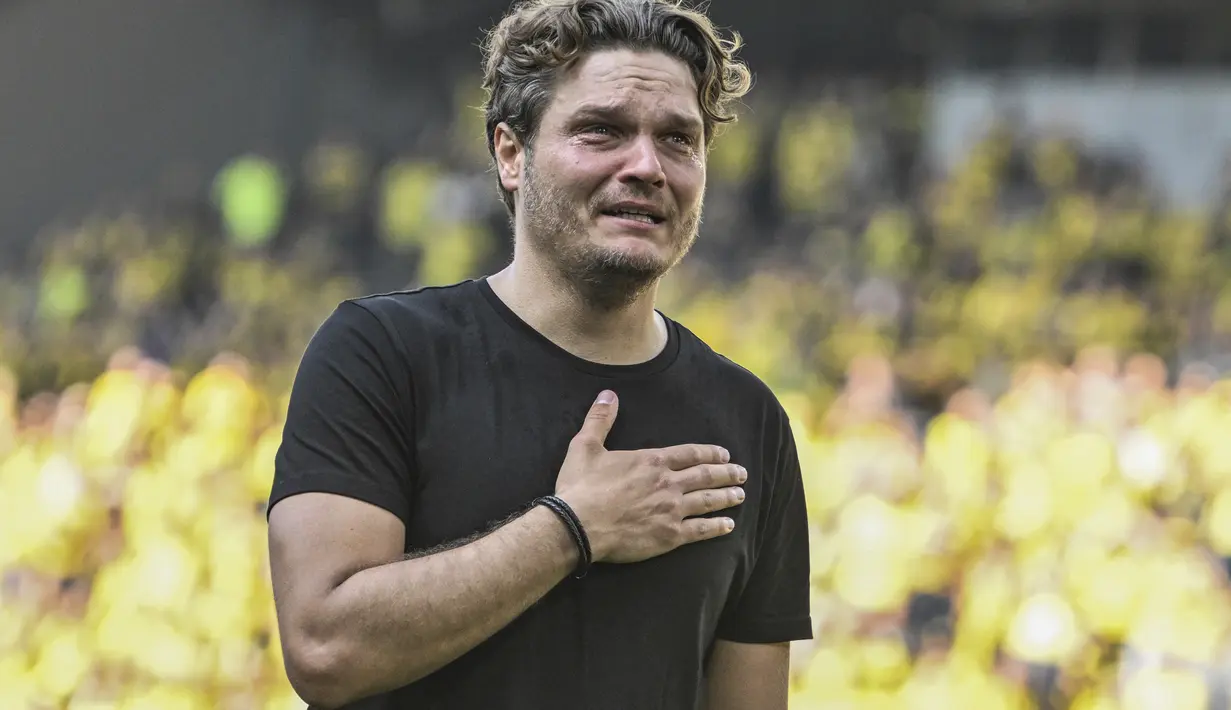 Borussia Dortmund gagal menjadi juara Bundesliga 2022/2023 setelah bermain imbang melawan Mainz. (Bernd Thissen//dpa via AP)