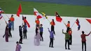 Bendera kontingen Indonesia, Merah Putih dipasang terbalik saat acara gladi resik pembukaan SEA Games 2023 di Morodok Techo Stadium, Phnom Penh, Kamboja, Jumat (5/5/2023). (Bola.com/Abdul Aziz)