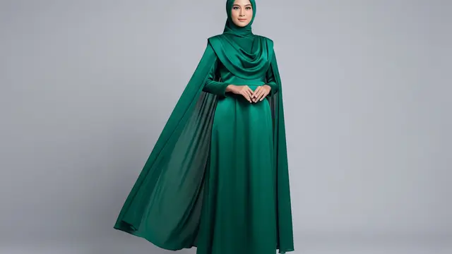 Gamis Cape Emerald dengan Aksen Minimalis