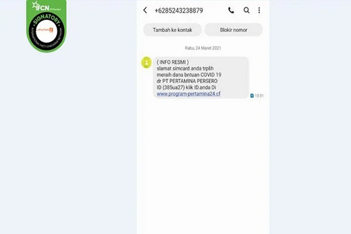 Gambar Tangkapan Layar Kabar Hoaks Pertamina Bagikan Dana Bantuan Covid-19 Lewat SMS.
