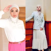 Jadi ibu satu anak, Citra Kirana tetap terlihat kece dan elegan dalam padanan kemeja, high waist pants, dan pashmina. [Instagram].