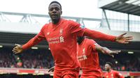 Divock Origi striker muda yang masuk di babak ke-2 mencetak 2 gol saat Liverpool mengalahkan Stoke 4-1 di Anfield, Minggu (10/4/2016).