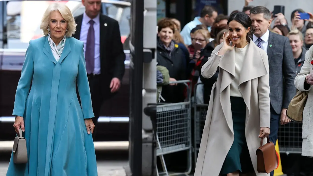 Ratu Camilla dan Meghan Markel dalam kesempatan berbeda memakai tas tangan yang sama
