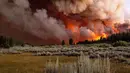 Kepulan asap dan api membubung di atas saat kebakaran di Hutan Nasional Plumas, California (8/7/2021). Dalam kurun waktu satu minggu ini telah terjadi 3 kebakaran besar. Lebih dari 70 persen dapat dikendalikan. (AP Photo/Noah Berger)