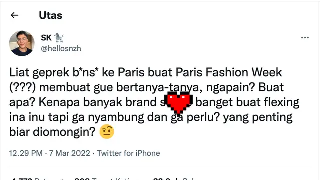 Twit soal Paris Fashion Week 2022. (Foto: Dok. Twitter @hellosnzh)