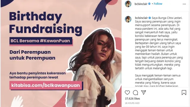 Ulang Tahun ke-38, BCL Buka Donasi untuk Perempuan Penyintas Kekerasan