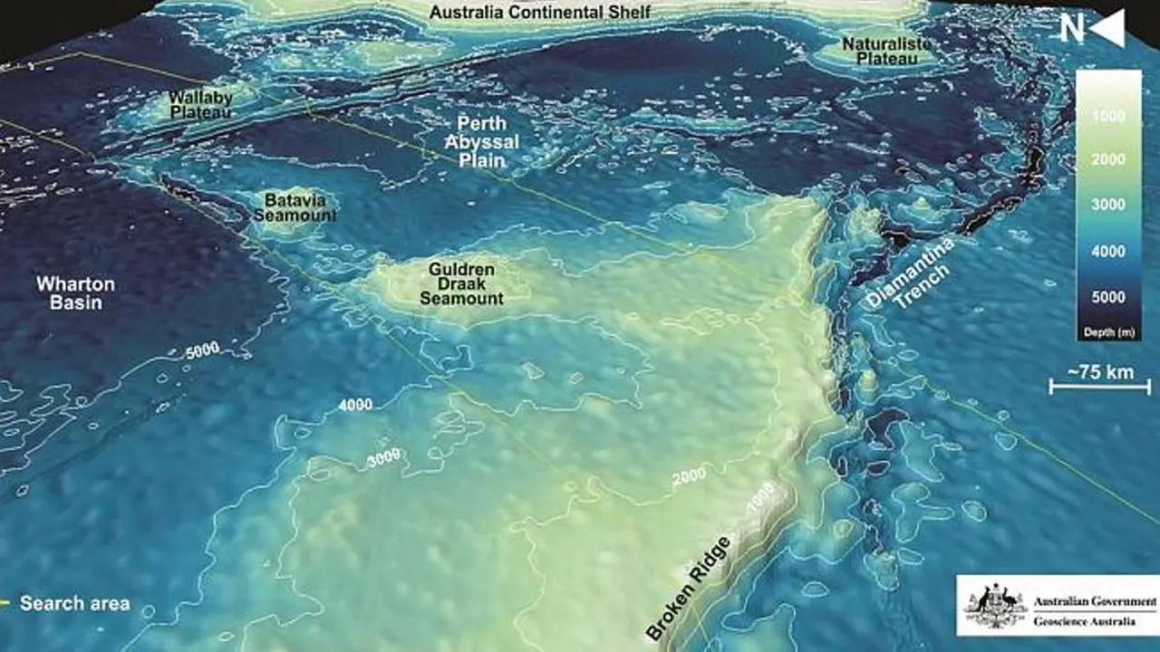 Gambar 3 dimensi dasar laut Samudera Hindia, titik pencarian MH370