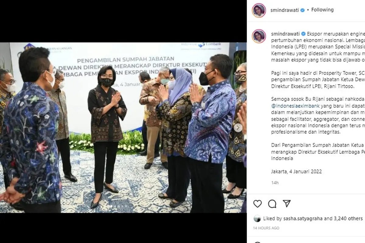 Sri Mulyani melantik Ketua Dewan Direktur merangkap Direktur Eksekutif Lembaga Pembiayaan Ekspor Indonesia (LPEI), Rijani Tirtoso