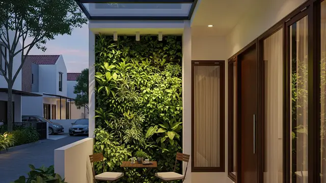 Teras Pocket Garden dengan Dinding Hijau (Vertical Garden)