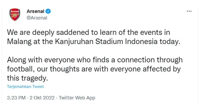 10 Ucapan Duka dari Klub Bola Ternama, Tragedi Kanjuruhan Jadi Perhatian Dunia