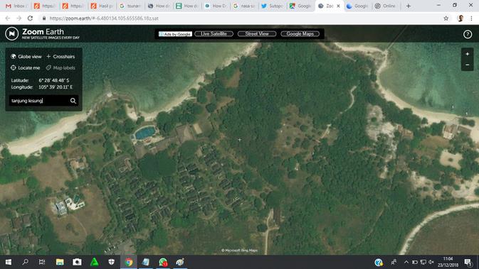 Penampakan citra satelit Zoom Earth di kawasan Tanjung Lesung, Kabupaten Pandeglang, Banten, pada 20 Desember 2018 (Liputan6.com/Zoom Earth)