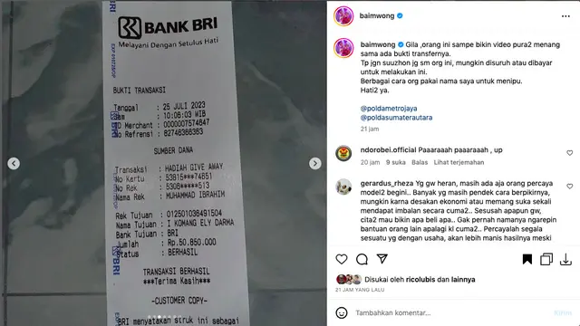 Baim Wong Tak Habis Pikir Penipuan yang Mengatasnamakan Dirinya Sampai Tunjukkan Bukti Transfer Palsu dan Bikin Video Pura-Pura Menang. (instagram.com/baimwong)