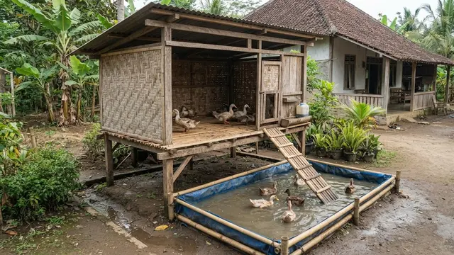 Model kandang bebek dengan area air mini yang bikin sehat dan produktif bertelur desain panggung bambu dengan kolam terpal plastik
