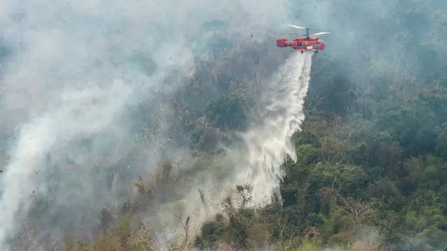 Helikopter berusaha memadamkan titik panas kebakaran hutan di provinsi Nakhon Nayok, timur laut Bangkok, Thailand pada hari Kamis (30/3/2023).