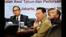 Ketua Umum Kamar Dagang dan Industri (Kadin) Indonesia Suryo Bambang Sulisto (kiri) bersama pengurus Kadin memberikan keterangan tentang catatan awal tahun dan perkiraan ekonomi 2015 di Menara Kadin Jakarta, Kamis (22/1). (ANTARA FOTO/Wahyu Putro A)