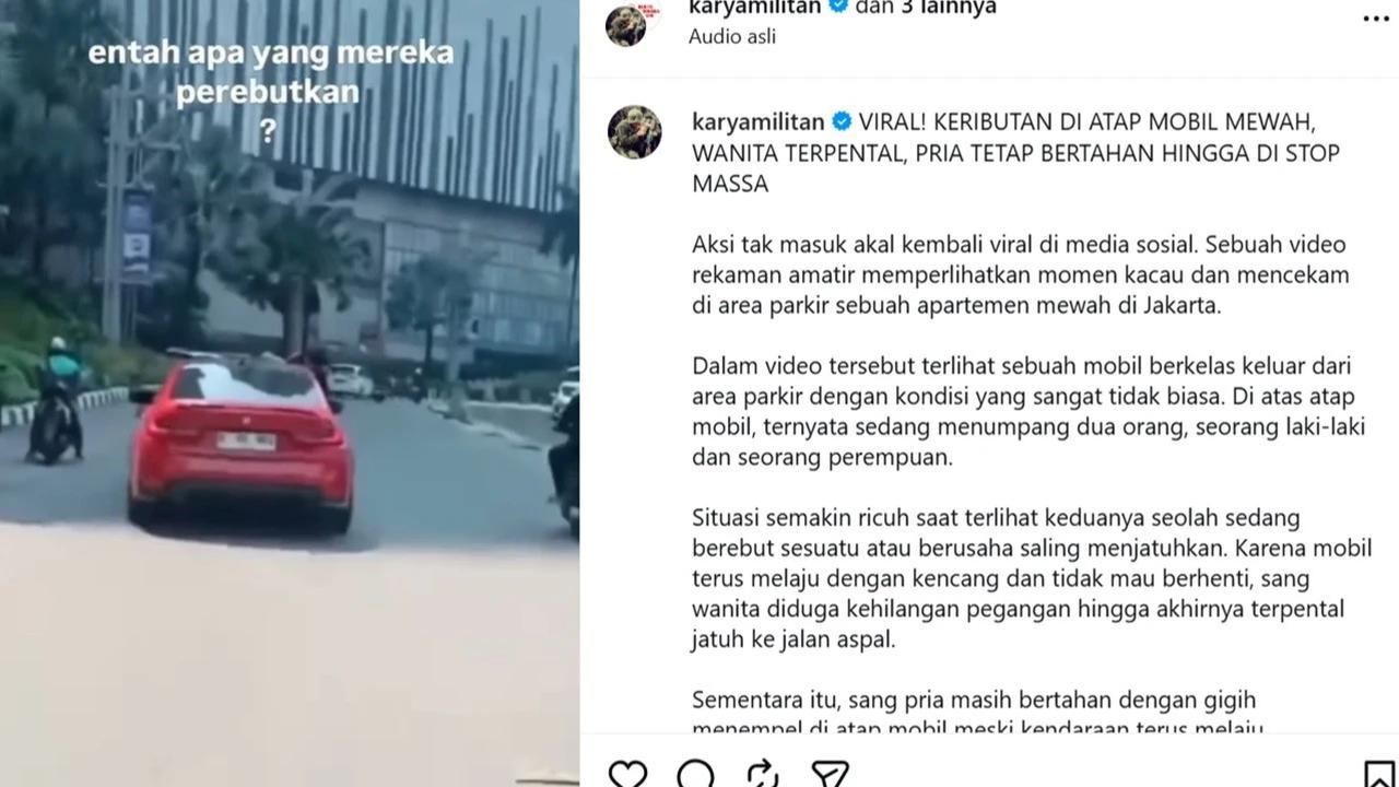 viral pria nyangkut di kap mobil merah