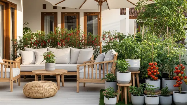 Desain Teras Cozy dengan Kebun Cabai dan Tomat Buat Dapur Langsung Petik (AI Generated)