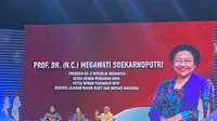 Ketua Dewan Pengarah Badan Riset dan Inovasi (BRIN) Prof. Dr. (HC) Megawati Soekarnoputri saat berbicara dalam forum kerja sama penandatanganan antara BRIN dan TVRI tentang Indonesia Raya Jelajah Sains. (Liputan6.com/Radityo Priyasmoro)