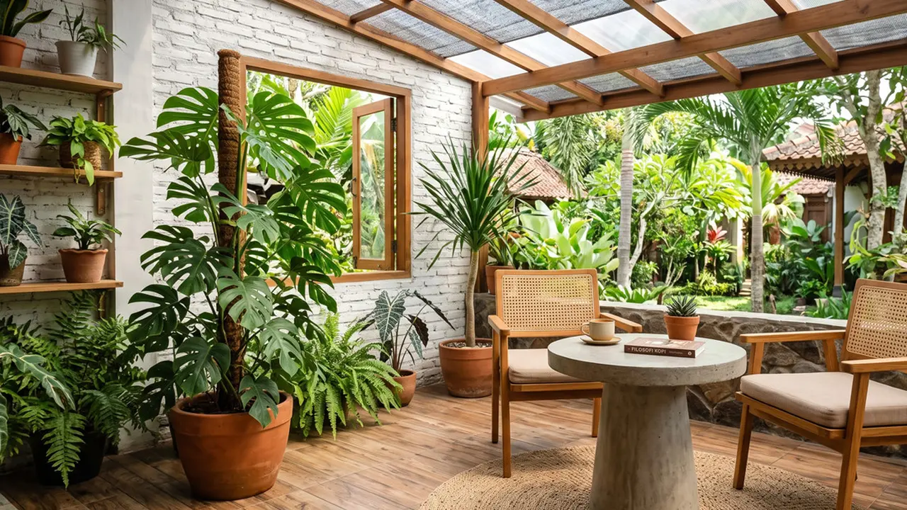 Ide Teras Rumah dengan Meja Semen dan Tanaman Monstera