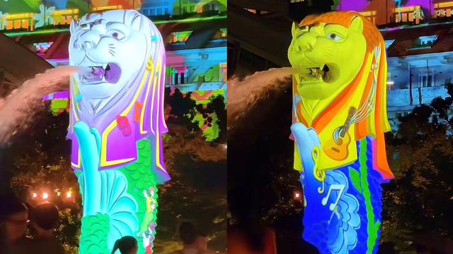 Pertunjukan Brightening Lives menampilkan proyeksi cahaya di The Fullerton Hotel Singapore, Merlion, dan ArtScience Museum.