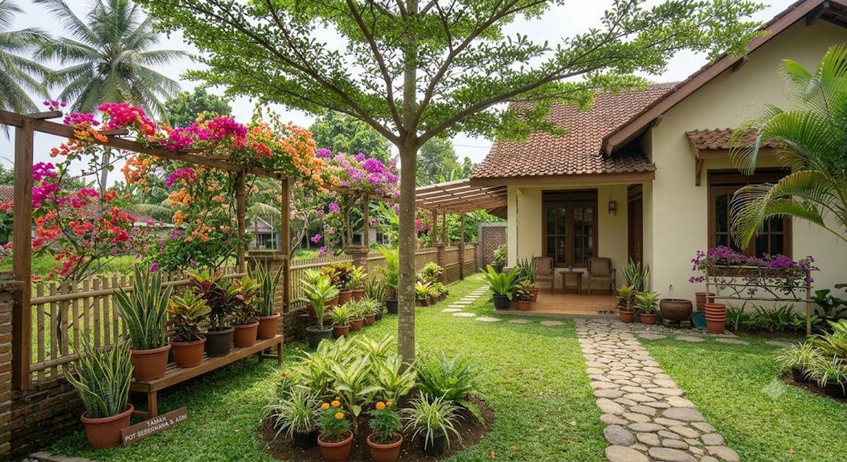 Ide Menata Halaman Rumah Agar Teduh Tanpa Biaya Mahal Model Menanam Bugenvil pada Pergola atau Pagar