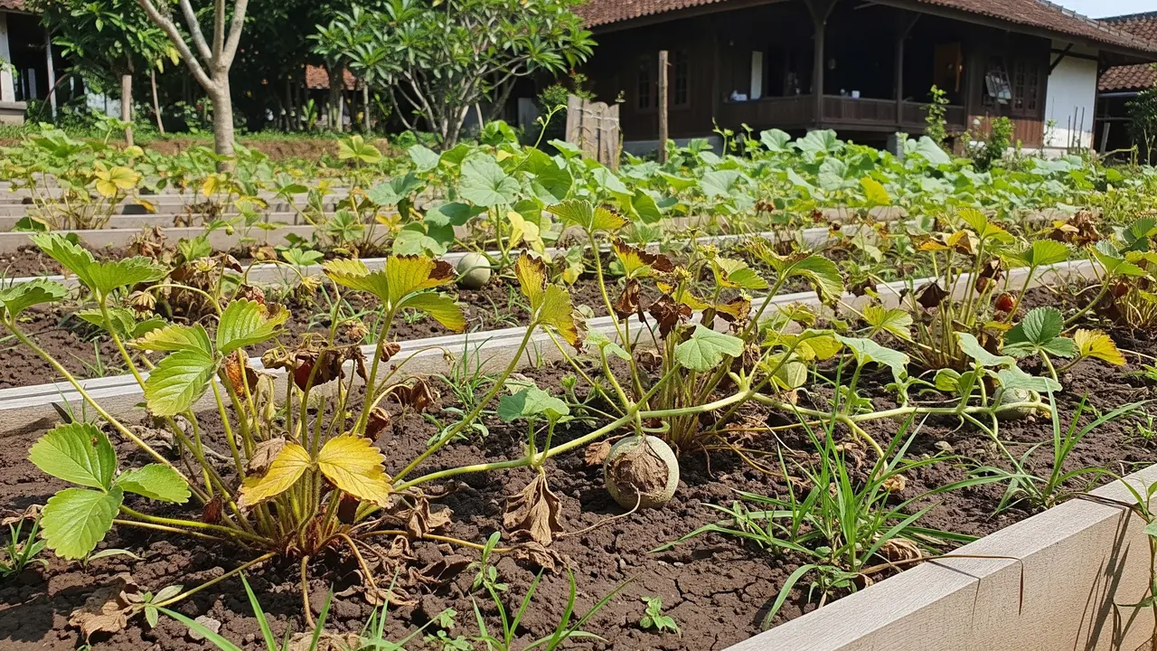 Tanaman buah melon mini yang mati karena tumbuhan liar