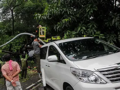 Sebuah mobil tertimpah lampu jalanan di kawasan jalan purworejo Menteng, Jakarta, Senin (27/11). Akibat hujan deras dan angin kencang sebuah pohon tumbang dan lampu jalan mengenai mobil Alphard putih yang terparkir. (Liputan6.com/Faizal Fanani)