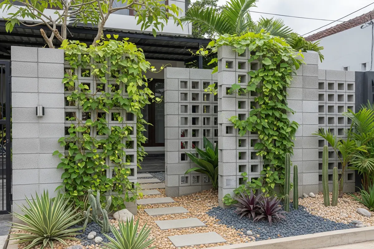 Inspirasi Taman Kering Depan Rumah dengan Kombinasi Roster dan Tanaman Tropis (Image by Gemini AI)