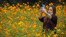 Seorang wanita berfoto selfie di tengah bunga-bunga yang bermekaran di taman umum di Beijing, Sabtu (2/10/2021). Pengunjung memadati taman dan lokasi wisata di Beijing saat China merayakan hari kedua masa libur Hari Nasional. (AP Photo/Mark Schiefelbein)
