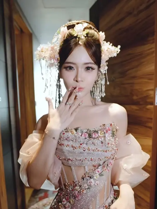 Ia mengenakan cheongsam nuansa baby pink lansiran @alethea_official.id. Cheongsam tersebut tampak indah dengan aksen bunga sebagai hiasan. [@cindyyuvia].