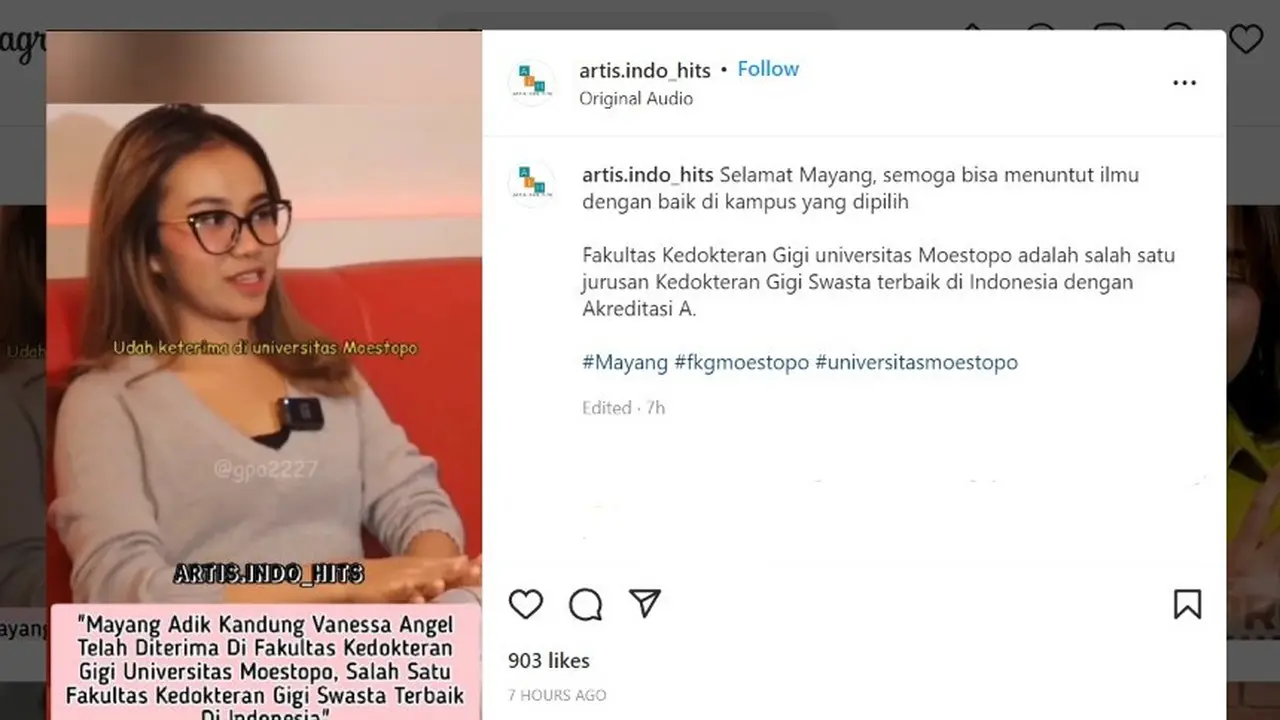 Terungkap, Mayang Adik Mendiang Vanessa Angel Masuk Fakultas Kedokteran Gigi Universitas Moestopo.