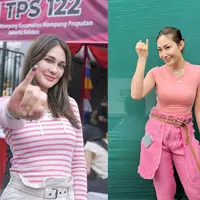 Luna Maya tampil dengan dress code bertema valentine untuk nyoblos pemilu 2024. Ia mengenakan striped long sleeve top nuansa pink-putih dan high waisted pants warna putih gading. [@lunamaya]