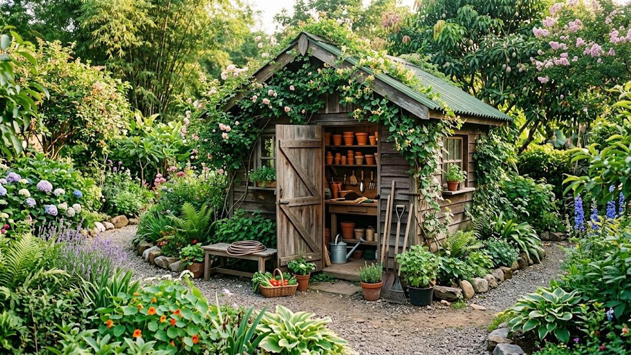 Ide Tempat Penyimpanan Pot dan Alat Berkebun yang Menyatu dengan Taman/AI Generated