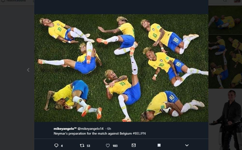 Neymar sedang diving digandakan menjadi meme kocak (Foto: Twitter/ @mikeyangelo)