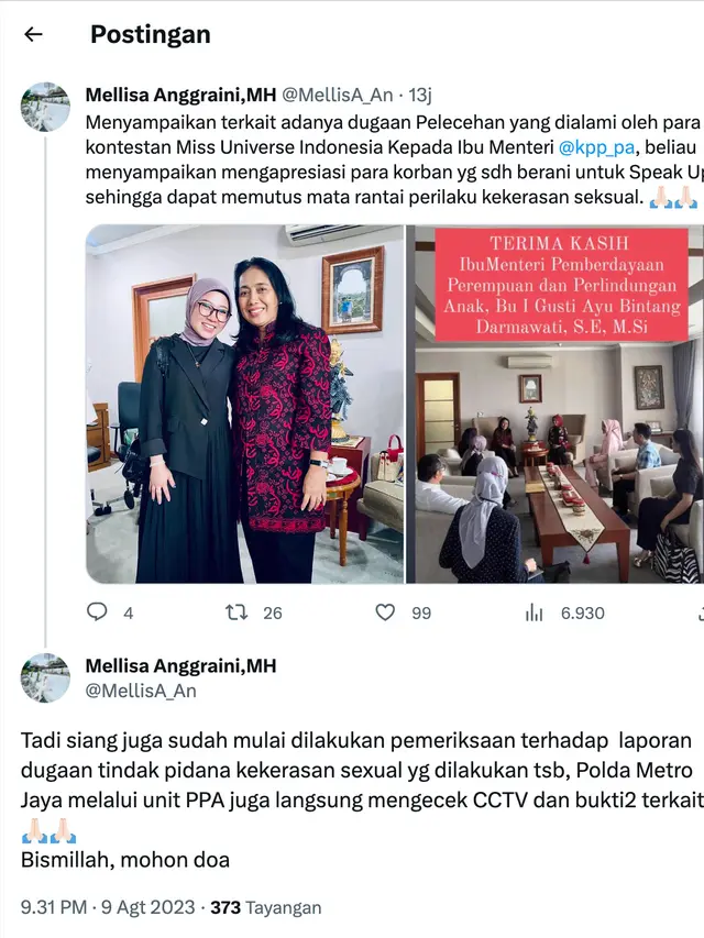 Unggahan pengacara finalis Miss Universe Indonesia yang jadi korban dugaan pelecegan seksual, Mellisa Anggraini. (Foto: Dok. Twitter @MellisA_An)
