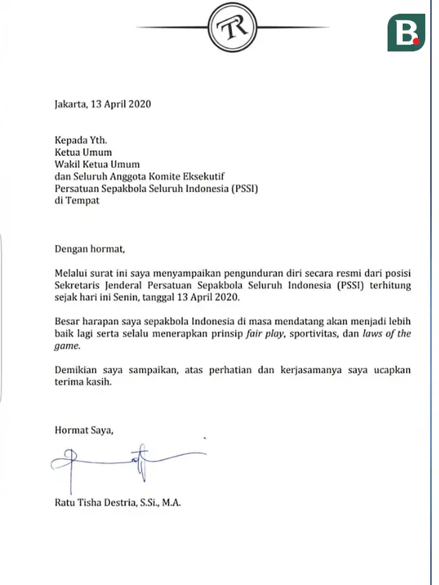 Surat pengunduran diri Ratu Tisha sebagai sekjen PSSI