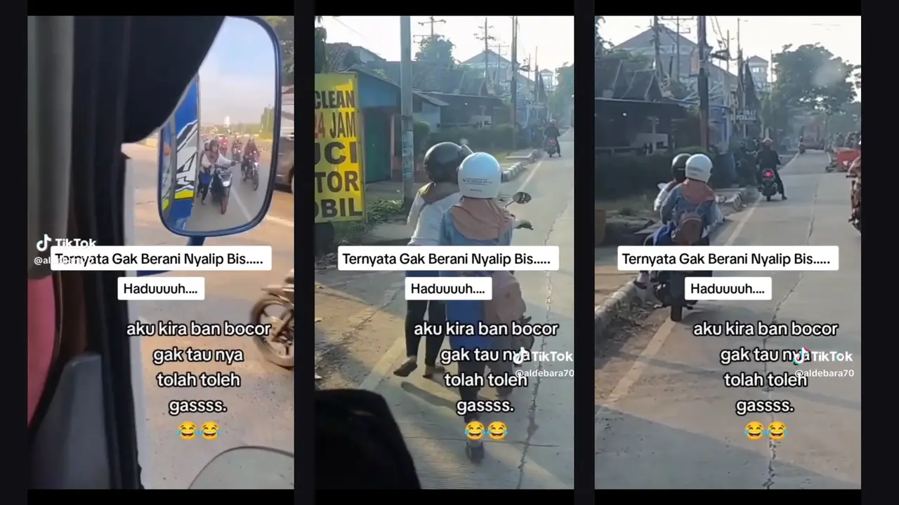 Tak Berani Susul Bus, Wanita ini Menuntun Motornya ke Pinggir Jalan