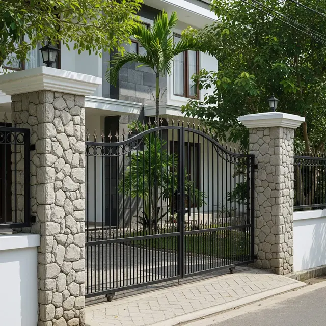 Pagar Batu Alam Berpadu Besi Minimalis, Gaya Rustic Elegan