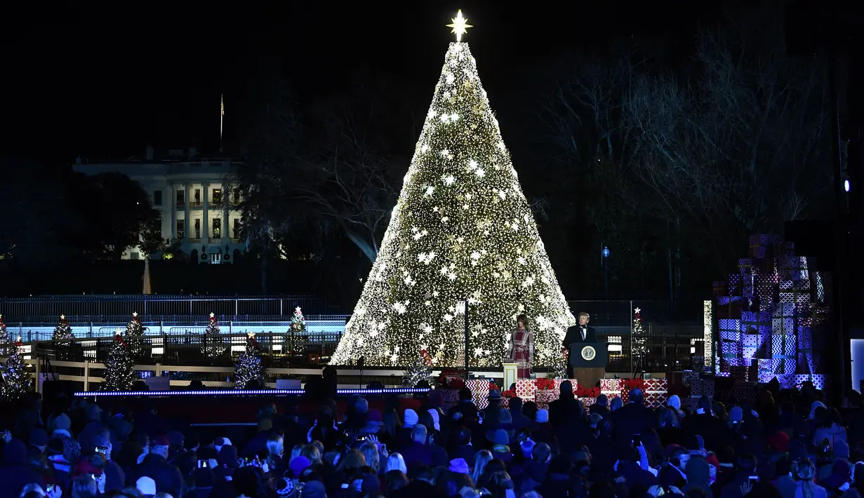 Presiden AS, Donald Trump dan ibu negara Melania Trump menghadiri upacara penerangan pohon cemara, yang menjadi Pohon Natal Nasional di taman sebelah selatan Gedung Putih, Kamis (5/12/2019). Pohon Natal Nasional tahun ini adalah cemara biru segar dari Colorado. (Brendan Smialowski / AFP)