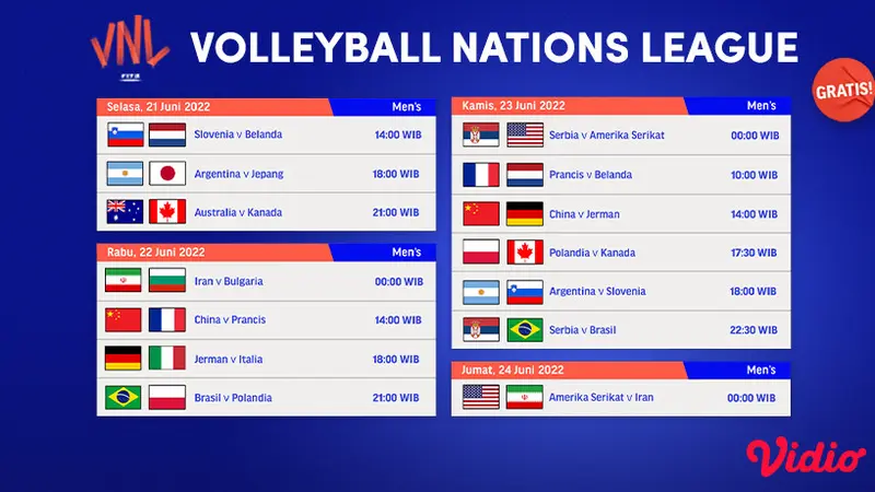 Jadwal Lengkap dan Live Streaming Men’s Volleyball Nations League 21-24 Juni di Vidio