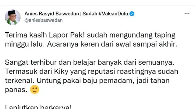 Cuitan Anies Baswedan soal roasting Kiky Saputri di Twitter (https://twitter.com/aniesbaswedan/status/1458419247483219969)