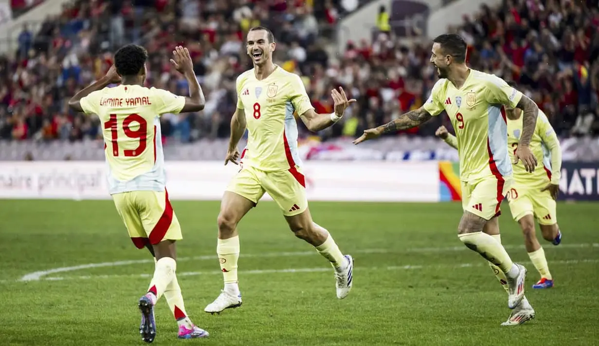 Juara Euro 2024, Spanyol sukses menghajar Swiss dalam laga UEFA Nations League 2024/2025 yang dihelat di Stade de Geneve, Senin (9/9/2024) dini hari WIB. (Jean-Christophe Bott/Keystone via AP)