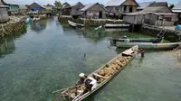 Warga suku bajo mencari batu sebagai bahan pondasi bangunan di Desa Mola Kabupaten Wakatobi, Sulteng. Mola salah satu Bajo Darat yang sebagian besar warganya tidak lagi hidup di laut.(Antara)