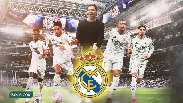Real Madrid - Ilustrasi Xabi Alonso dengan Pemain Bintang Real Madrid, Vinicius Jr, Jude Bellingham, Kylian Mbappe, dan Federico Valverde