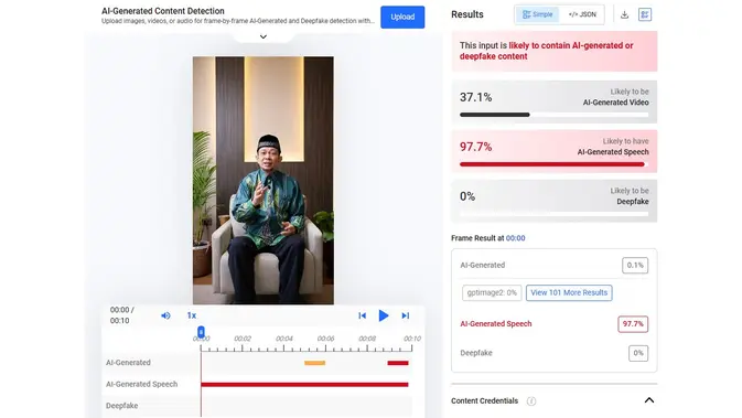Video dan audio dalam klaim Ustaz Wijayanto mengumumkan pemberian bantuan untuk modal usaha menunjukkan hasil AI. (Foto: tangkapan layar Hive Moderation)