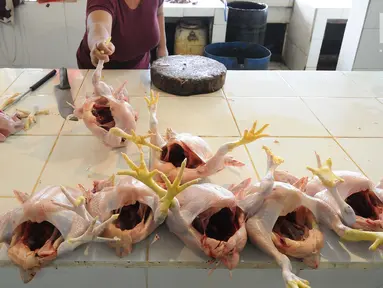 Pedagang menunjukkan ayam di pasar induk Kramat Jati, Jakarta, Jumat (26/4). Kementerian Perdagangan siap menjaga harga dan ketersediaan barang kebutuhan pokok menjelang Puasa dan Lebaran 2019. (Liputan6.com/Herman Zakharia)