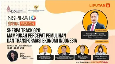 Inspirato Sharing Session, Jumat, 28 Oktober 2022  |  Pukul 15.00 WIB   |   Sherpa track G20: Mampukah Percepat Pemulihan dan Transformasi Ekonomi  |  Host: Ratu Suryasumirat

KEYNOTE SPEAKER: Susiwijono Moegiarso / Sekretaris Kementerian Koordinat...